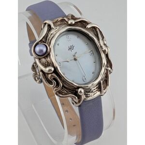 Hagit Designs .925 Sterling Silver Watch MOP Dial 31mm Case Leather Band Working